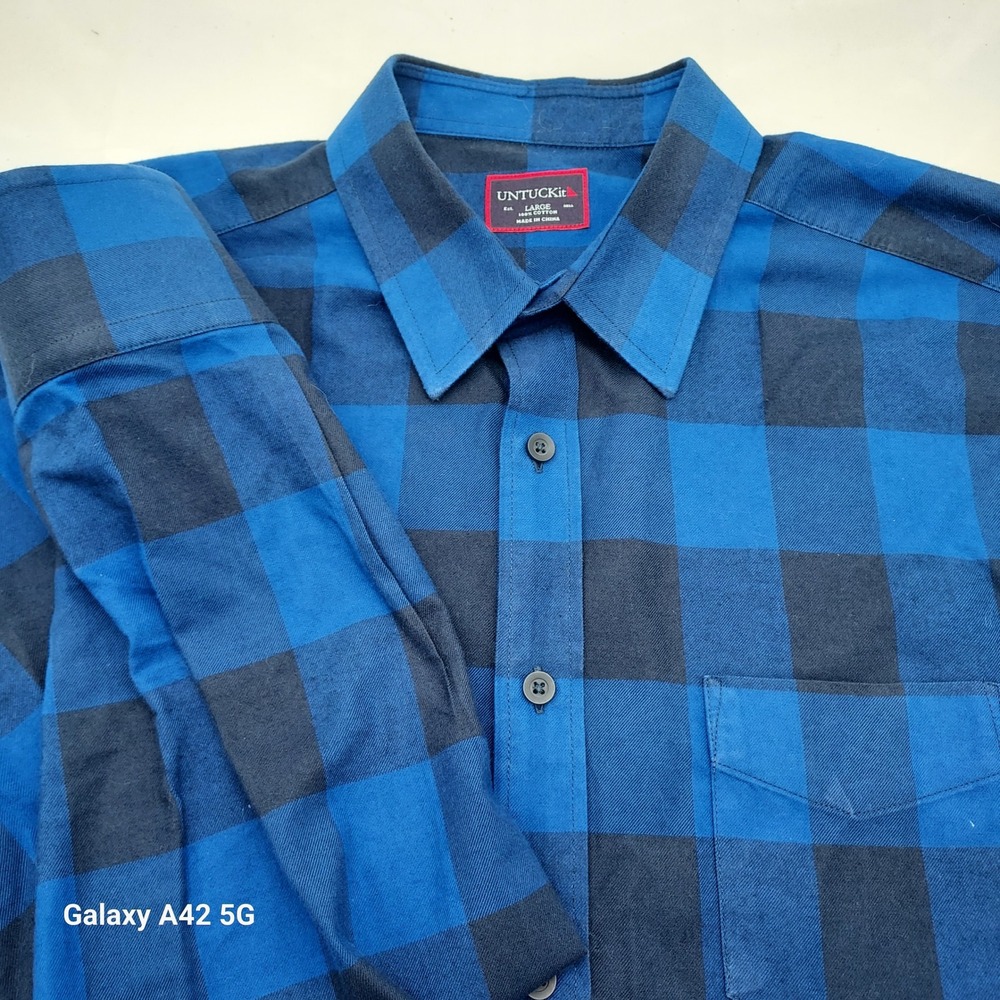 UNTUCKit Gruner Veltliner Blue Buffalo Check Flannel Shirt Mens Large UT-14-5095